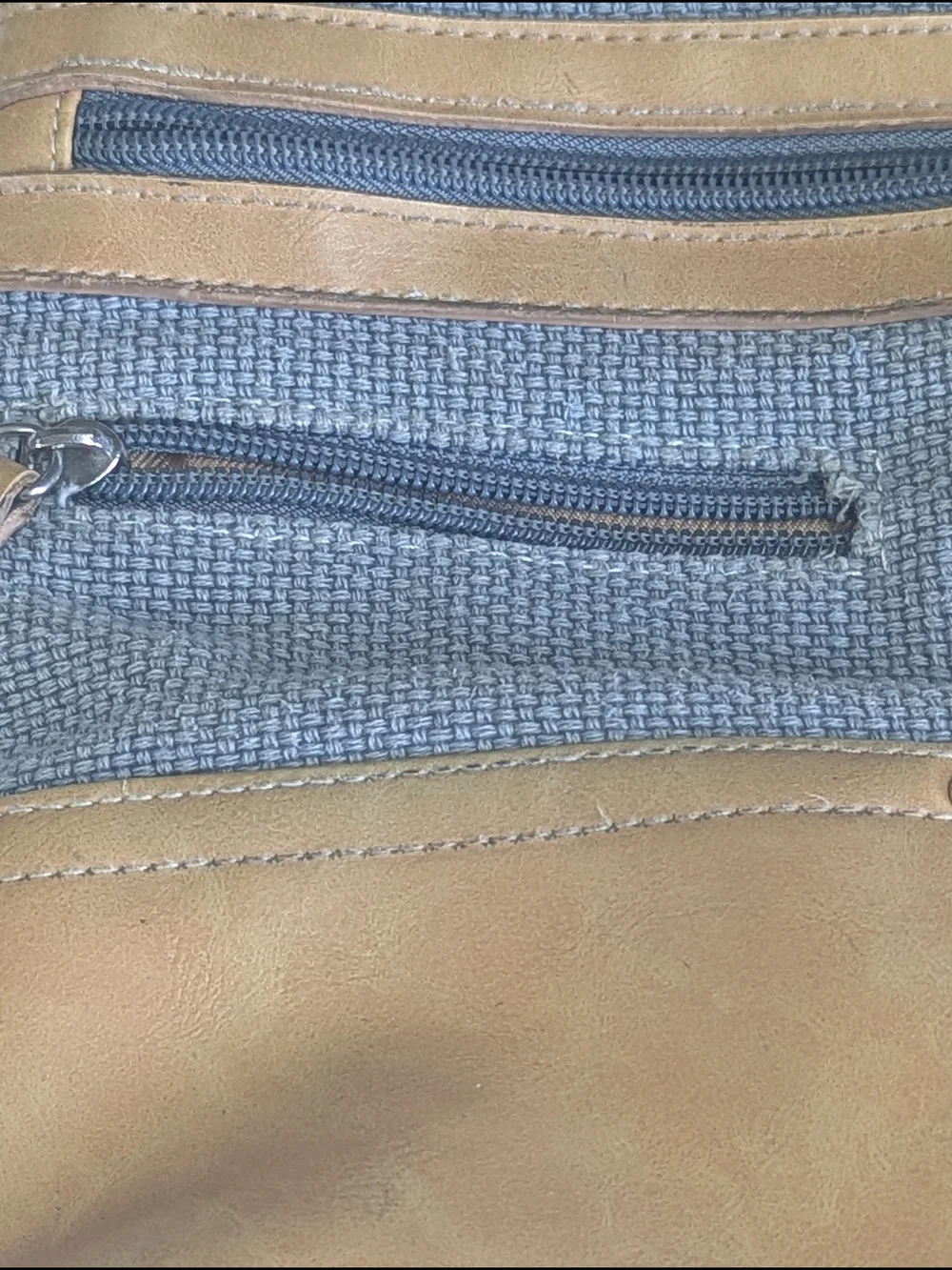 Stone Mountain Crossbody Bag Gray Canvas Tan Leather Trim Multi Pocket Adjustabl
